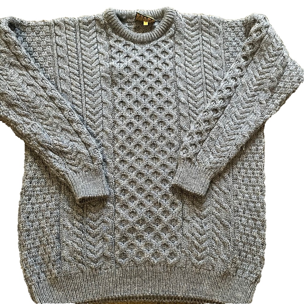 Carraig Donn Merino Wool Sweater Mens M Blue Cable Knit Aran Ireland Fisherman